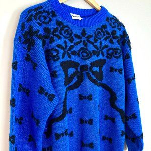 Vintage 80s Rockabilly PINUP Sweater Blue Glitter Bow Tie